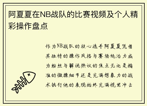 阿夏夏在NB战队的比赛视频及个人精彩操作盘点
