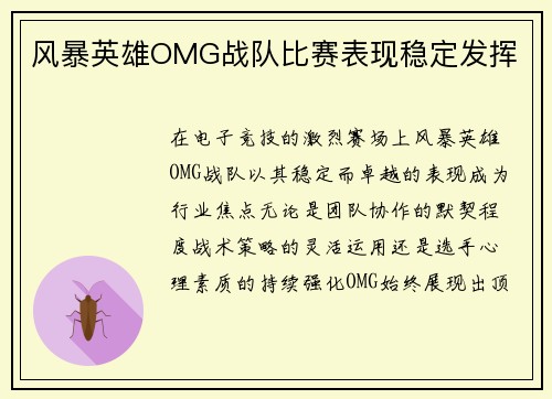 风暴英雄OMG战队比赛表现稳定发挥